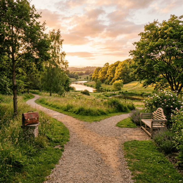 Gravel garden path beside a river, bench, flowers, and briefcase at sunset