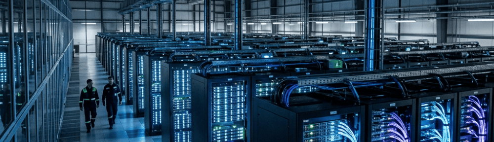 Rows of illuminated server racks in a large data center with two workers