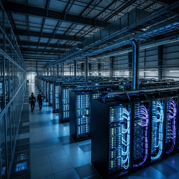 Rows of illuminated server racks in a large data center with two workers