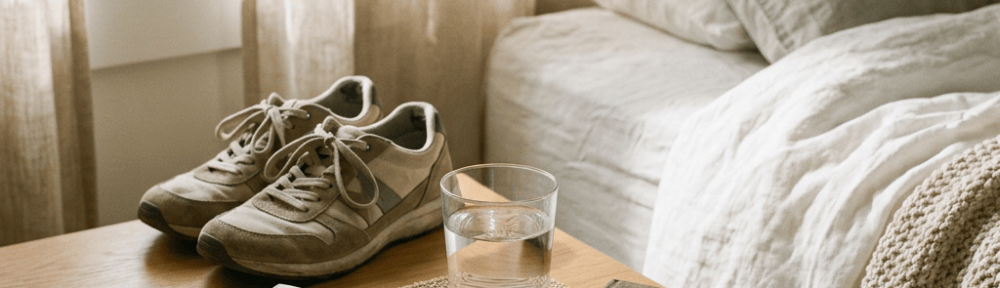 Bedside table with sneakers, pill organizer, water, sleep mask, and journal
