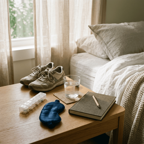 Bedside table with sneakers, pill organizer, water, sleep mask, and journal