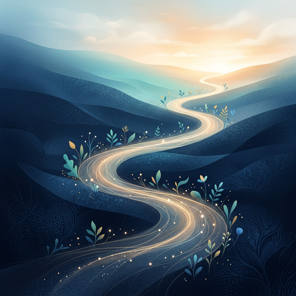 Glowing winding path through blue hills toward a sunrise