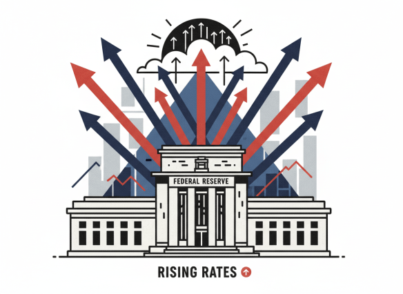 Illustrated editorial style artwork showing a large Federal Reserve building with dramatic upward-pointing arrows symbolizing rising interest rates. Stylized like a newspaper or health-economics publication illustration. Bold lines, limited color palette, serious tone.