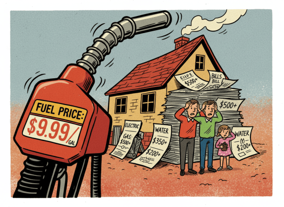 Illustrated editorial artwork of a fuel pump nozzle with a price display showing high numbers, and a household in the background with utility bills. Stylized like a newspaper editorial illustration. Bold, expressive lines, limited warm color palette.