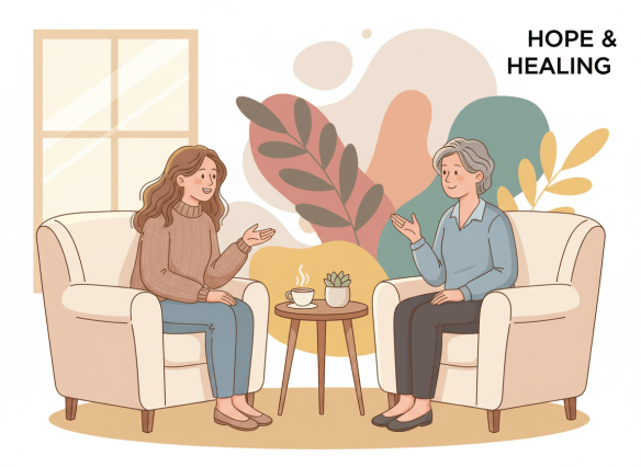 Illustrated editorial artwork of a person sitting in a calm therapy session, warm light, a therapist listening attentively. Stylized like a health publication illustration — hopeful, human, and warm. Soft colors, clean editorial lines.