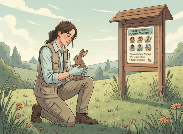 Illustrated editorial artwork of a veterinarian or public health worker in a natural outdoor setting, examining a small animal, with a community awareness poster in the background. Informative, calm, and reassuring editorial illustration style. Clean lines, muted natural colors.