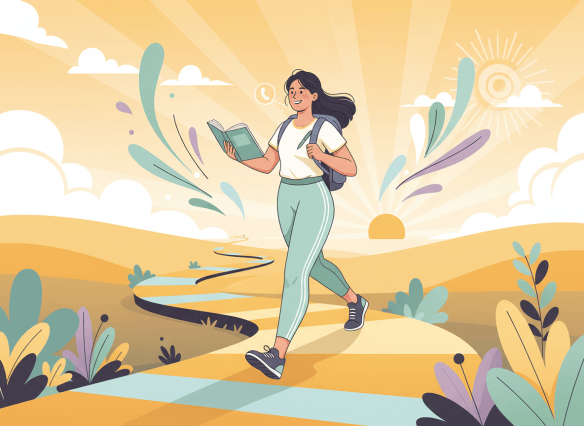 Illustrated editorial artwork of a person taking a confident step forward on a path — symbolic and hopeful. Could show someone walking, journaling, or making a phone call. Warm, optimistic editorial illustration style, like a health or wellness publication. Clean lines, uplifting color palette.