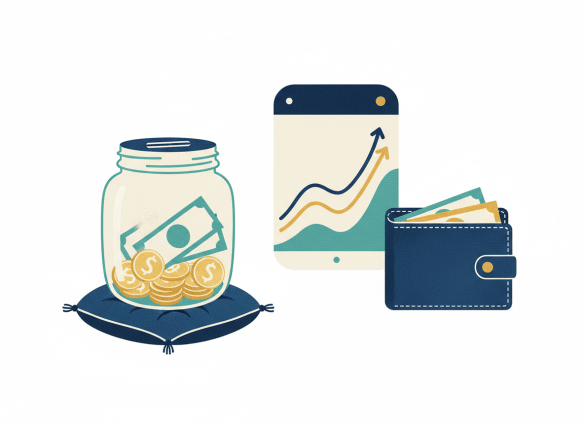 Illustrated editorial image for a personal finance article section about checking cash, savings yields, emergency funds, liquidity and bank fees. Show a calm open wallet or savings jar, a banking app-style chart without readable text, and a small safety net motif. Sophisticated newspaper or health-publication editorial art direction, clean shapes, textured print feel, navy, teal, cream and warm gold palette. No readable text, no logos, no photorealism.