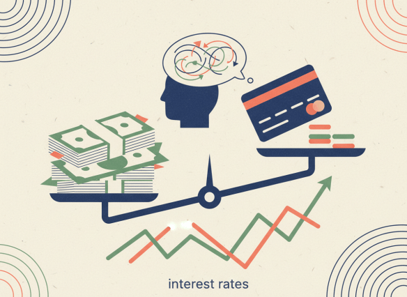 Illustrated editorial image for a personal finance article section about checking debt, credit-card APRs, balances and repayment decisions. Show a stack of bills and a credit card balanced against a measuring scale, with a thoughtful rather than alarming mood. Sophisticated newspaper or health-publication editorial art direction, clean shapes, textured print feel, deep blue, coral, cream and muted green palette. No readable text, no logos, no photorealism.