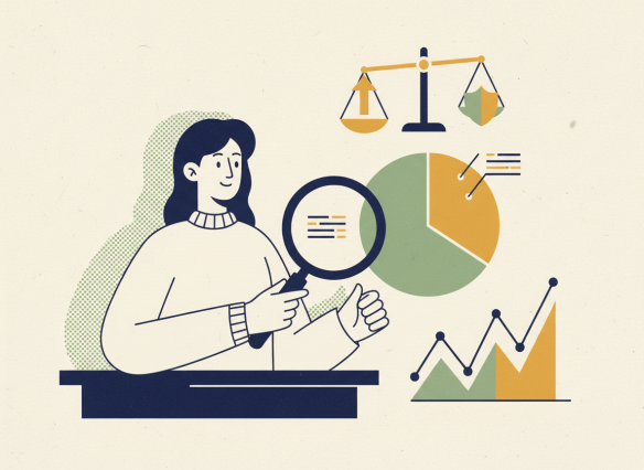 Illustrated editorial image for a personal finance article section about reviewing an investment portfolio without panic. Show a calm person at a desk examining a diversified pie chart, simple market lines and a magnifying glass, with balanced growth and caution symbols. Sophisticated newspaper or health-publication editorial art direction, clean shapes, textured print feel, navy, sage, mustard and cream palette. No readable text, no logos, no photorealism.