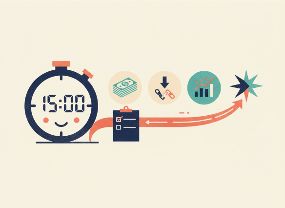 Illustrated editorial image for the conclusion of a personal finance article: a friendly timer set to fifteen minutes beside three simple icons for cash, debt and portfolio, with a small checklist and a confident forward-moving path. Sophisticated newspaper or health-publication editorial art direction, clean shapes, textured print feel, optimistic navy, teal, coral and cream palette. No readable text, no logos, no photorealism.