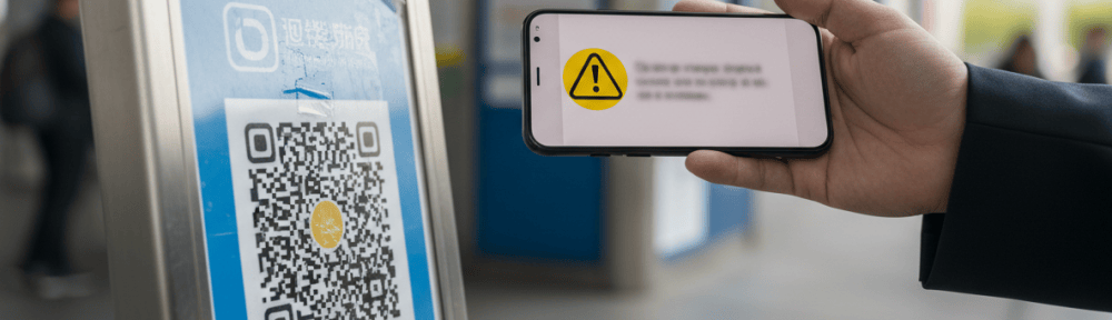 A realistic editorial photograph summarizing an article about fake QR codes stealing money: a smartphone held above a printed QR code on a public payment sign, with subtle warning cues such as a suspiciously altered sticker and a payment screen showing a caution symbol. The scene should feel credible, clean, and informative rather than sensational or frightening. No readable brand names, banking details, personal information, or prominent text. Photographic realism, natural lighting, landscape composition suitable as a featured article image.