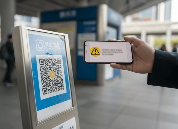 A realistic editorial photograph summarizing an article about fake QR codes stealing money: a smartphone held above a printed QR code on a public payment sign, with subtle warning cues such as a suspiciously altered sticker and a payment screen showing a caution symbol. The scene should feel credible, clean, and informative rather than sensational or frightening. No readable brand names, banking details, personal information, or prominent text. Photographic realism, natural lighting, landscape composition suitable as a featured article image.